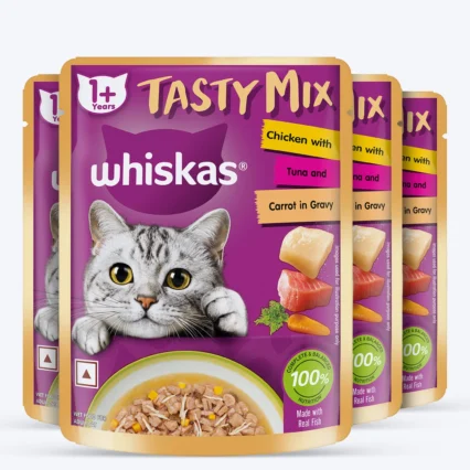Whiskas Tasty Mix Adult (1+ year) Chicken With Tuna & Carrot in Gravy Wet Cat Food - 70 gm Pack