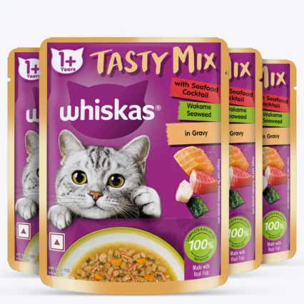 Whiskas Tasty Mix Wet Food Made With Real Fish (Seafood Cocktail & Wakame Seaweed) in Gravy For Adult (1+ year) Cat - 70 gm Pack