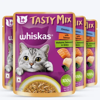 Whiskas Tasty Mix Wet Food Made With Real Fish (Salmon & Wakame Seaweed) With Chicken in Gravy For Adult (1+ year) Cat - 70 gm Pack