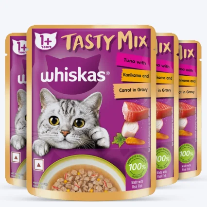 Whiskas Tasty Mix Wet Food Made With Real Fish (Tuna & Kanikama), And Carrot in Gravy For Adult (1+ year) Cat - 70 gm Pack