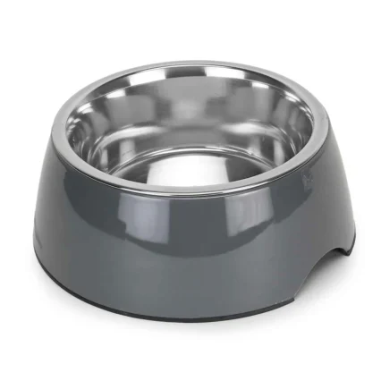 BASIL Solid Grey Pet Feeding Bowl Set, Melamine and Stainless Steel