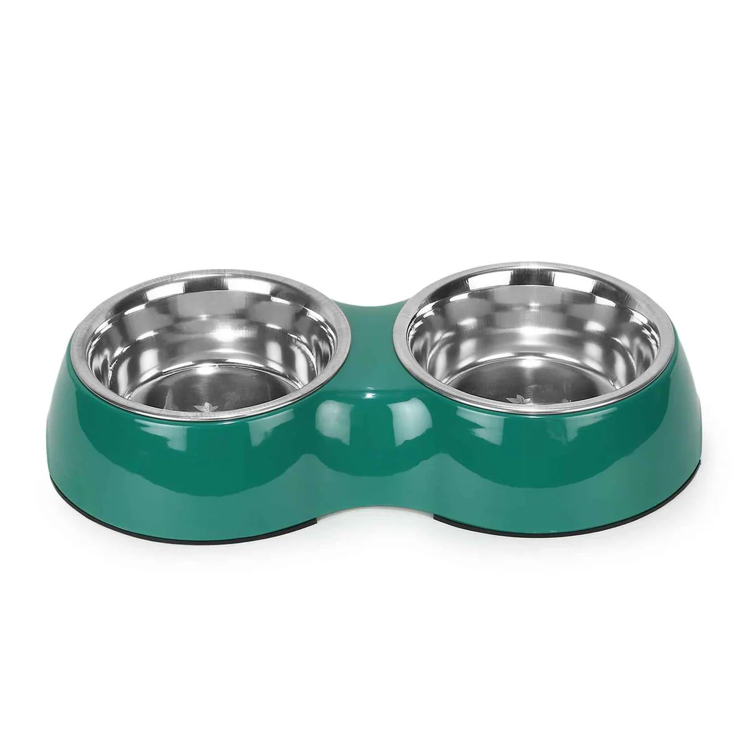 Double Bowl Feeding Set for Dogs & Puppies (Green)