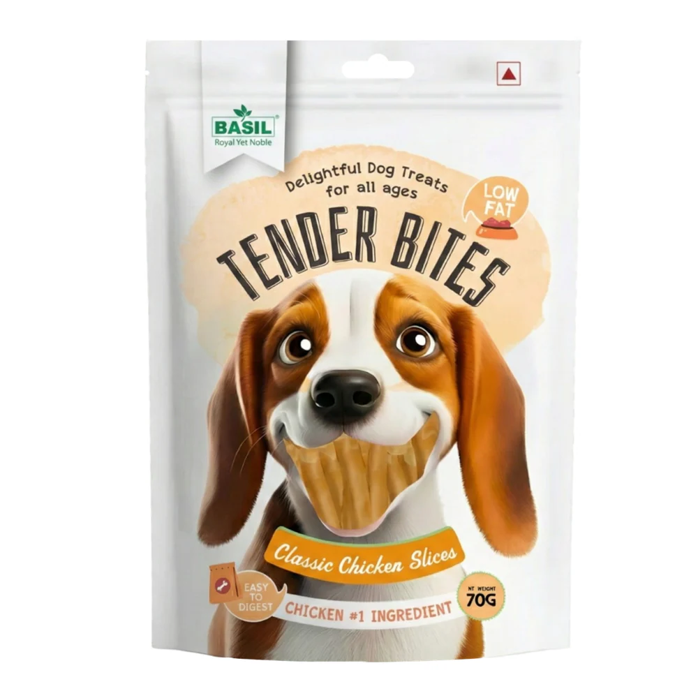 Tender Bites Basil Classic Chicken Slices for Dogs | Natural Soft Treats | High Protein